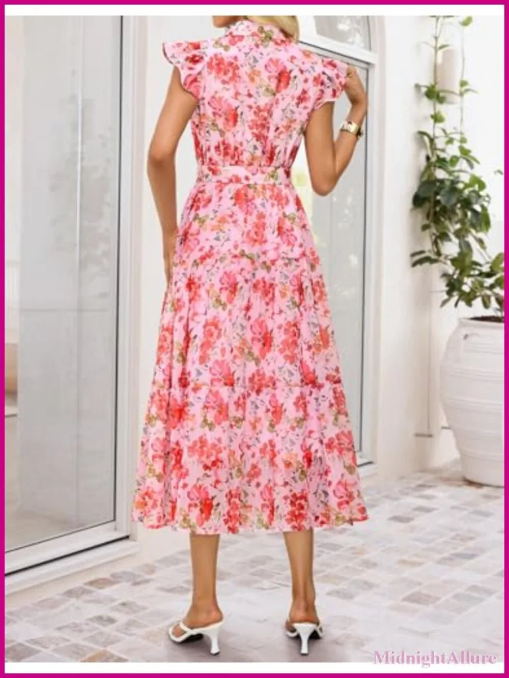 Floral Midi Dress Flutter Short Sleeve Button Down Chiffon Wedding Guest